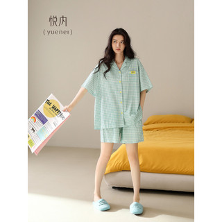 Yue pijamas internos femininos verão puro algodão Shorts de manga curta verão Homewear fresco xadrez Cardigan pode usar 