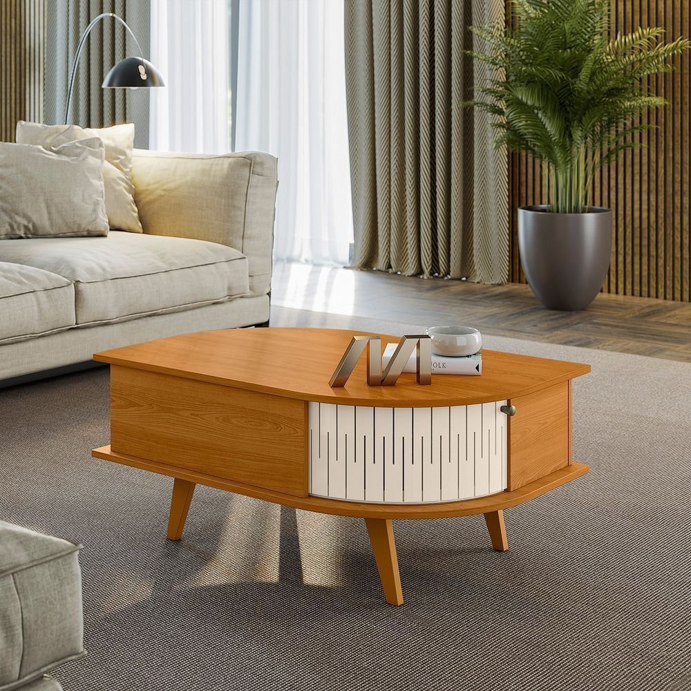 Mesa de Centro Oval Curvo 2 Portas de Correr Indianapolis Marrom Cinamomo/Off White