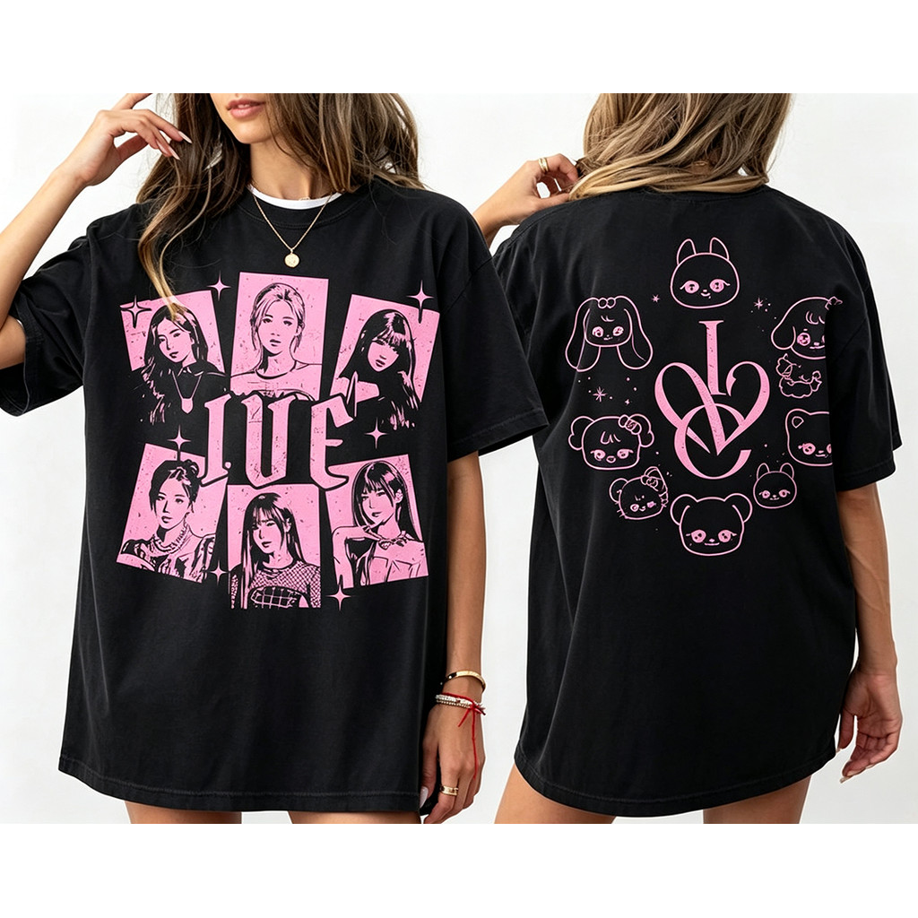 Camiseta Masculina Feminina Oversized Estampa Ive Frente e Verso Personagens, Camiseta Streetwear Kpop Grupo