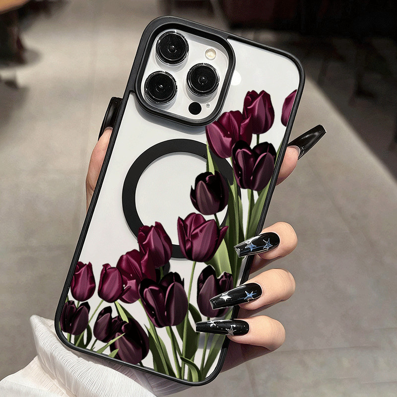 2D Vintage Roxo Escuro Tulipa Caso De Telefone Para Samsung Galaxy A06 A16 A26 A36 A54 A55 A56 A57 A35 A07 A17 A37 Capa