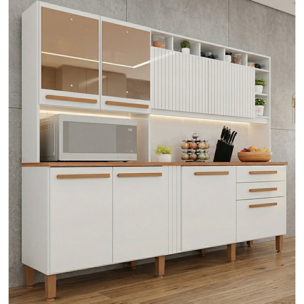 Cozinha Compacta em MDP 8 Portas 2 Gavetas Millena com Vidro Reflecta Yescasa Branco Branco