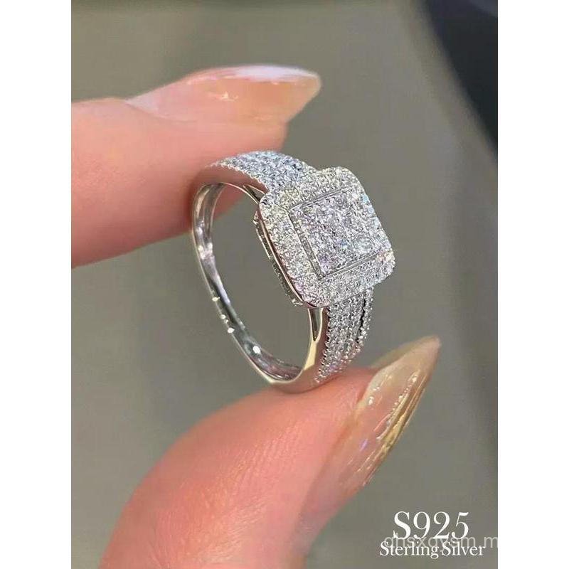 Anel Quadrado Decorado com Zircônia de Luxo 925, Acessório de Joalheria Feminina Elegante, Acessório de Moda Versátil, A