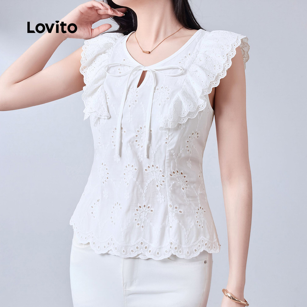 Lovito Blusa Branca Casual Com Babados Mangas Curtas Decote Em V Com Recorte E Bordado Inglês Para O Dia a Dia Na Primavera/verão Feminina LR38E037 · foto 2