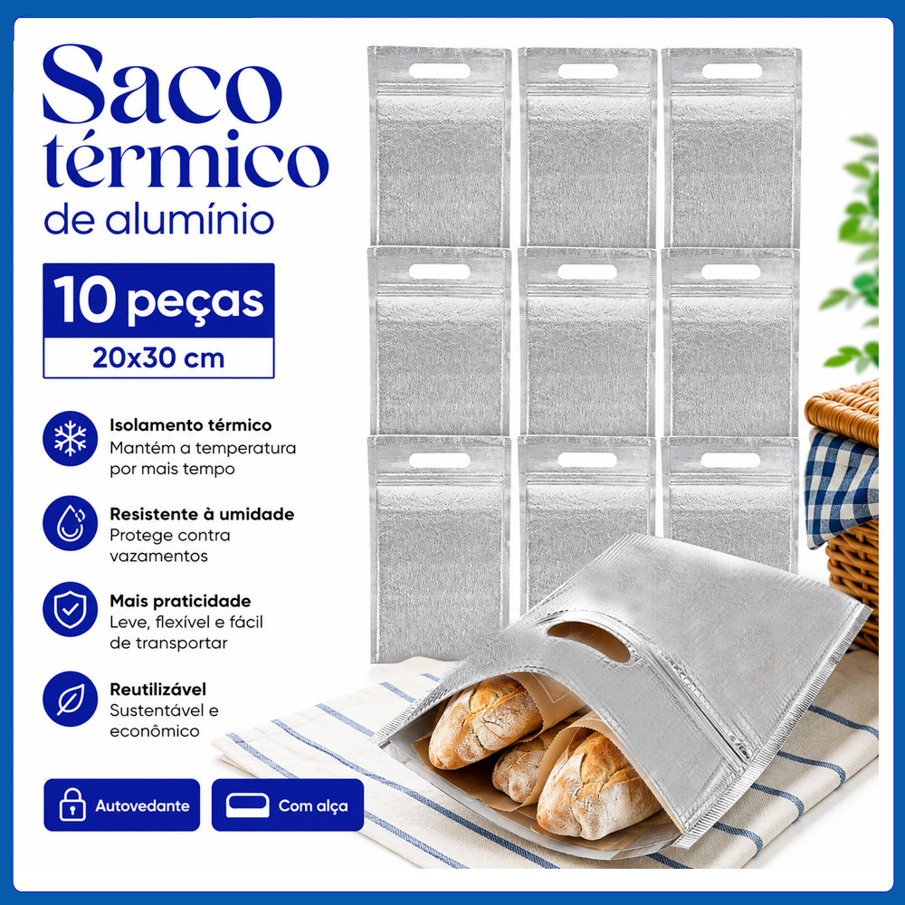 Kit 10 Bolsas de Alumínio Térmicas 20x30cm para Alimentos, Bebidas, Esporte, Acampamento e Lazer