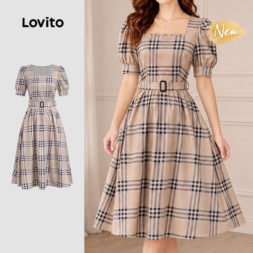 (New Arrival) Lovito Vestido Elegante com Cinto Estilo Retro Cáqui Primavera/ver