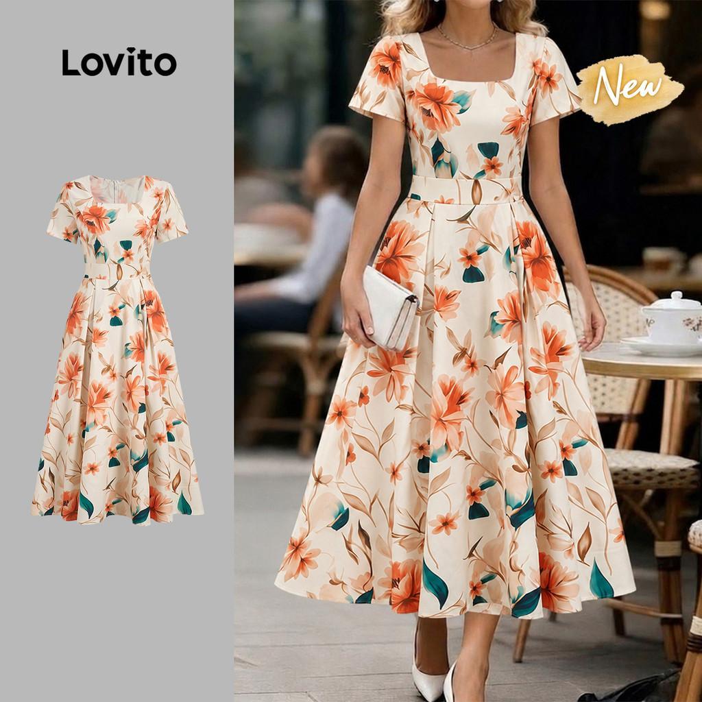 (New Arrival) Lovito Padrão de Vestido Elegante Estilo Preguiçoso Francês para V