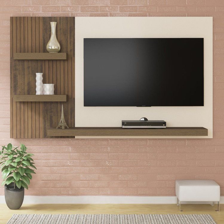 Painel Ripado para TV até 50 Polegadas Tamburato 160CMX96CM 3 Prateleiras em Chess Bege Pinho Ripado/Off White
