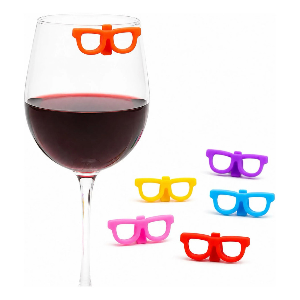 Marcador de Taça Óculos Silicone Kit 6 Peças Festa Vinho Identificador de Copo Convidados