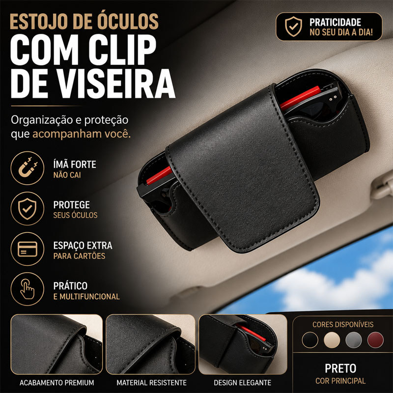 Estojo para Óculos de Sol com Viseira de Carro Clipe de Couro Porta-Bilhetes Cartões Multifuncional