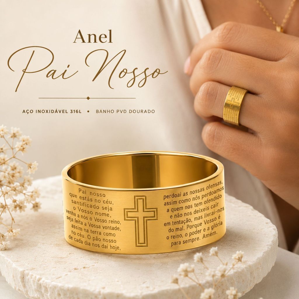 Anel Pai Nosso Oração Completa 8mm Dourado Aço Inoxidavel Não Escurece Premium