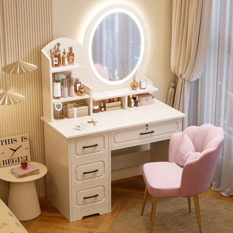 Penteadeira de quarto Luxo com 4 gavetas Mesa de maquiagem multifuncional LED branca Yesop — imagem 1