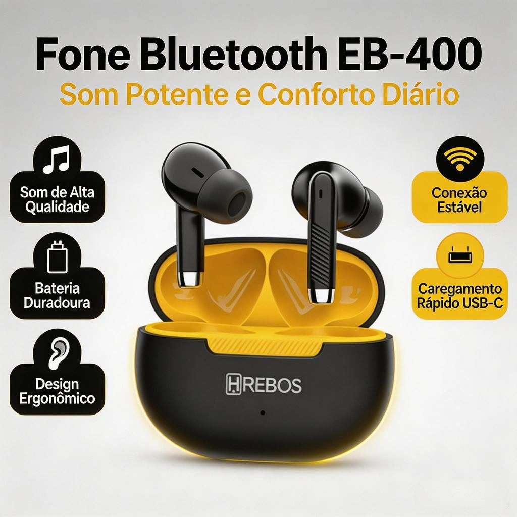 Fone de Ouvido Bluetooth Hrebos TWS – Grave Forte, Bateria Longa e Estojo USB-C para Esportes