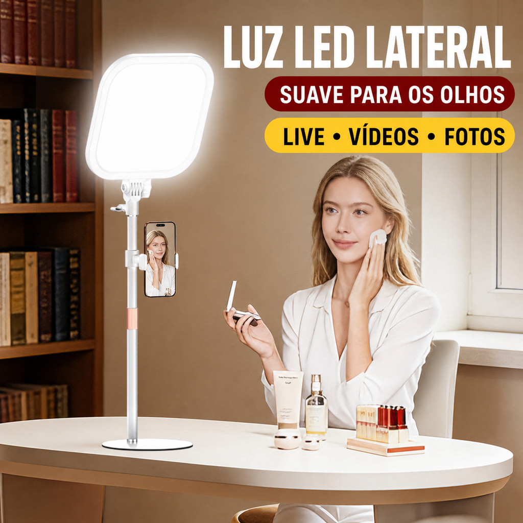 Luz de Preenchimento de Mesa Retangular Protetor da Vista, 3 Cores Luz, Ajuste Brilho, Suporte Celular Foto Live