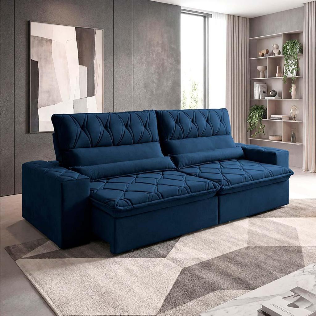Sofá Retrátil/Reclinável França 2,10m Suede Velut Azul Marinho c/ Molas no Assento - King House