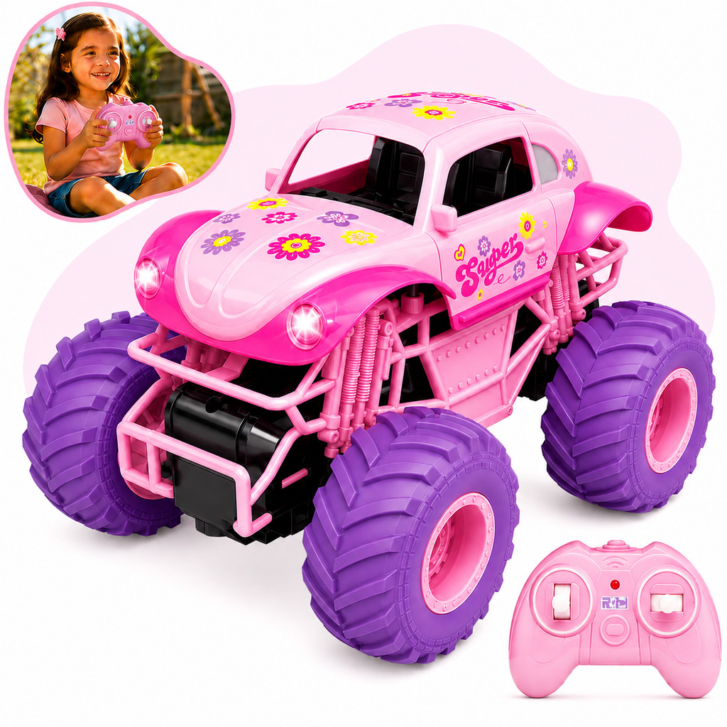 Carrinho Controle Remoto Fusca Rosa Infantil Menina Brinquedo Recarregável Luzes Alta Velocidade Off Road Kizumba