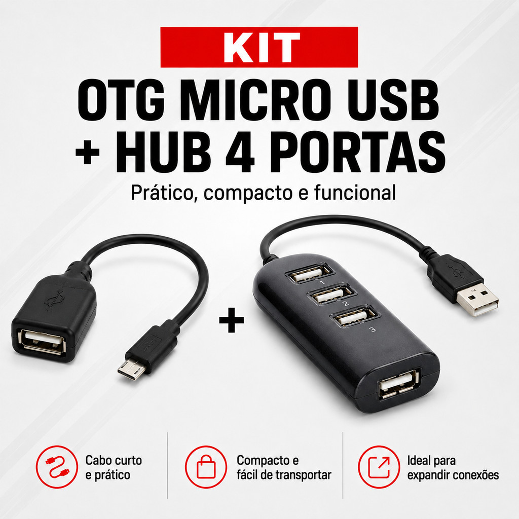 Kit Hub 4 Portas Extensor Usb + Cabo Otg Adaptador Micro Usb V8 Para Celular Mobilador Veloz