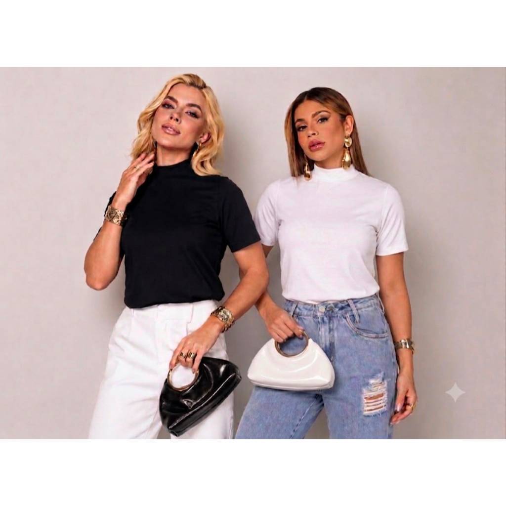 Kit 3 Camisetas Gola Alta Feminina Algodão Penteado T-Shirt Casual Elegante Confortável Modelagem Slim