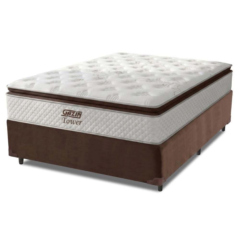 Cama Box Casal Colchão de Molas Ensacadas Tower Gazin 138x188x72cm Branco / Marrom