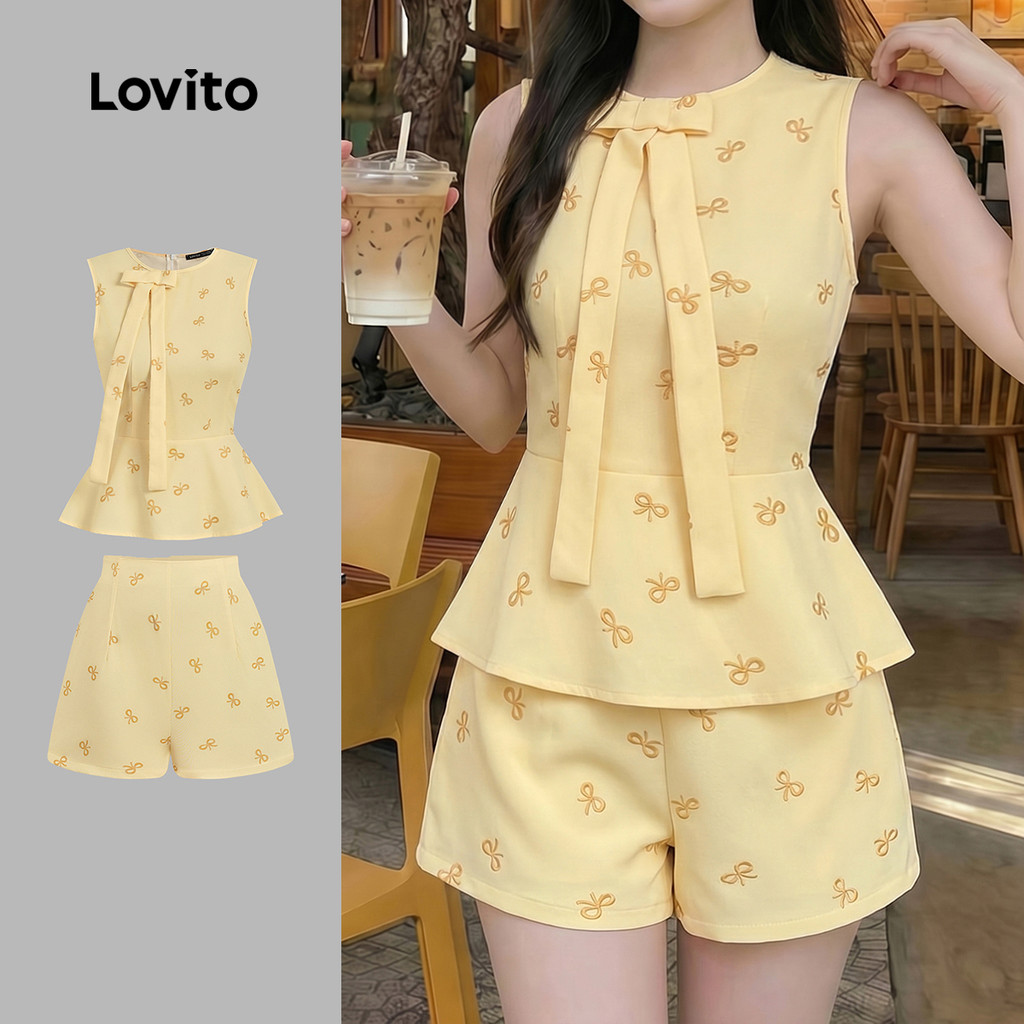 (New Arrival) Lovito Blusas ou Calças Casuais com Laço Estampa Primavera/verão p