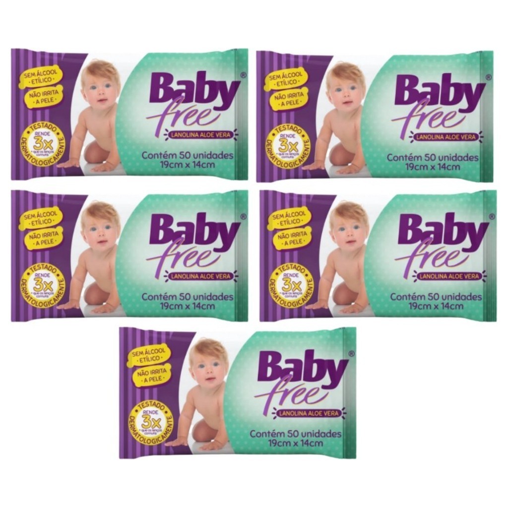 Kit com 5 Lenços Umedecidos Baby Free Toalha Umedecida Qualybless 5 Pacotes com 50 unidades
