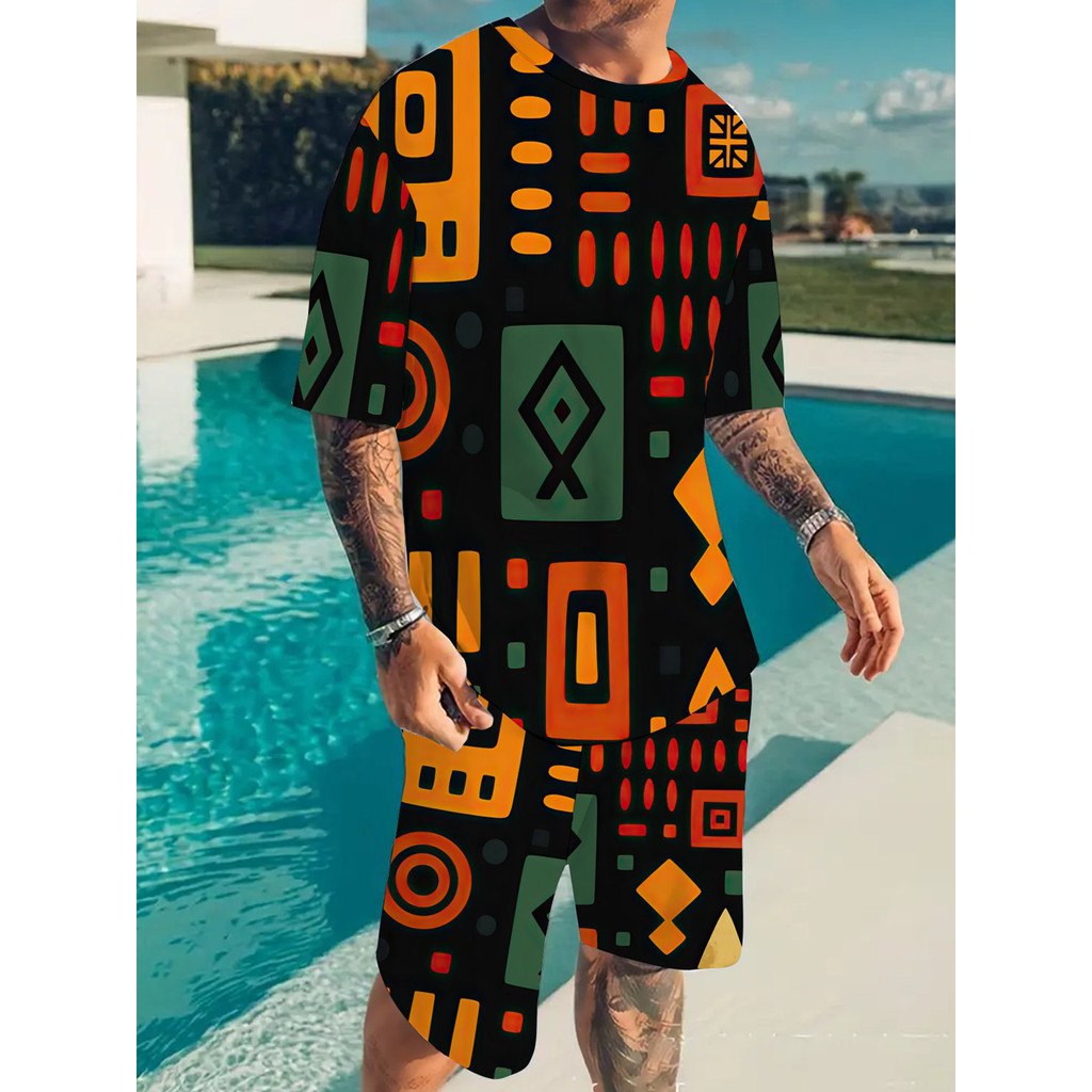 Conjunto de 2 peças masculino padrão impresso camiseta masculina de manga curta Shorts terno esportivo respirável de sec