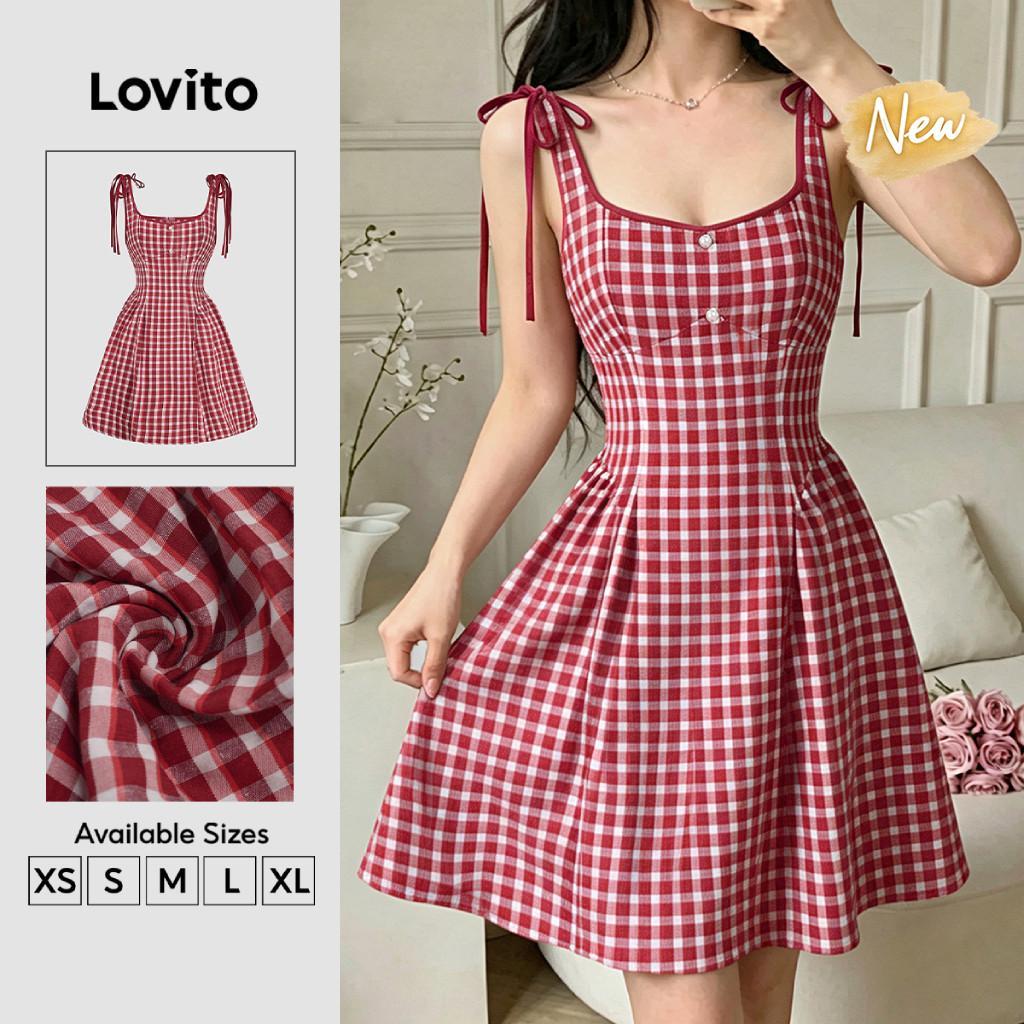 (New Arrival) Lovito Vestido Feminino Casual Y2k Com Detalhes Contrastantes E Amarração Nas Costas Vermelho Para Primavera/verão DRB201P1D104