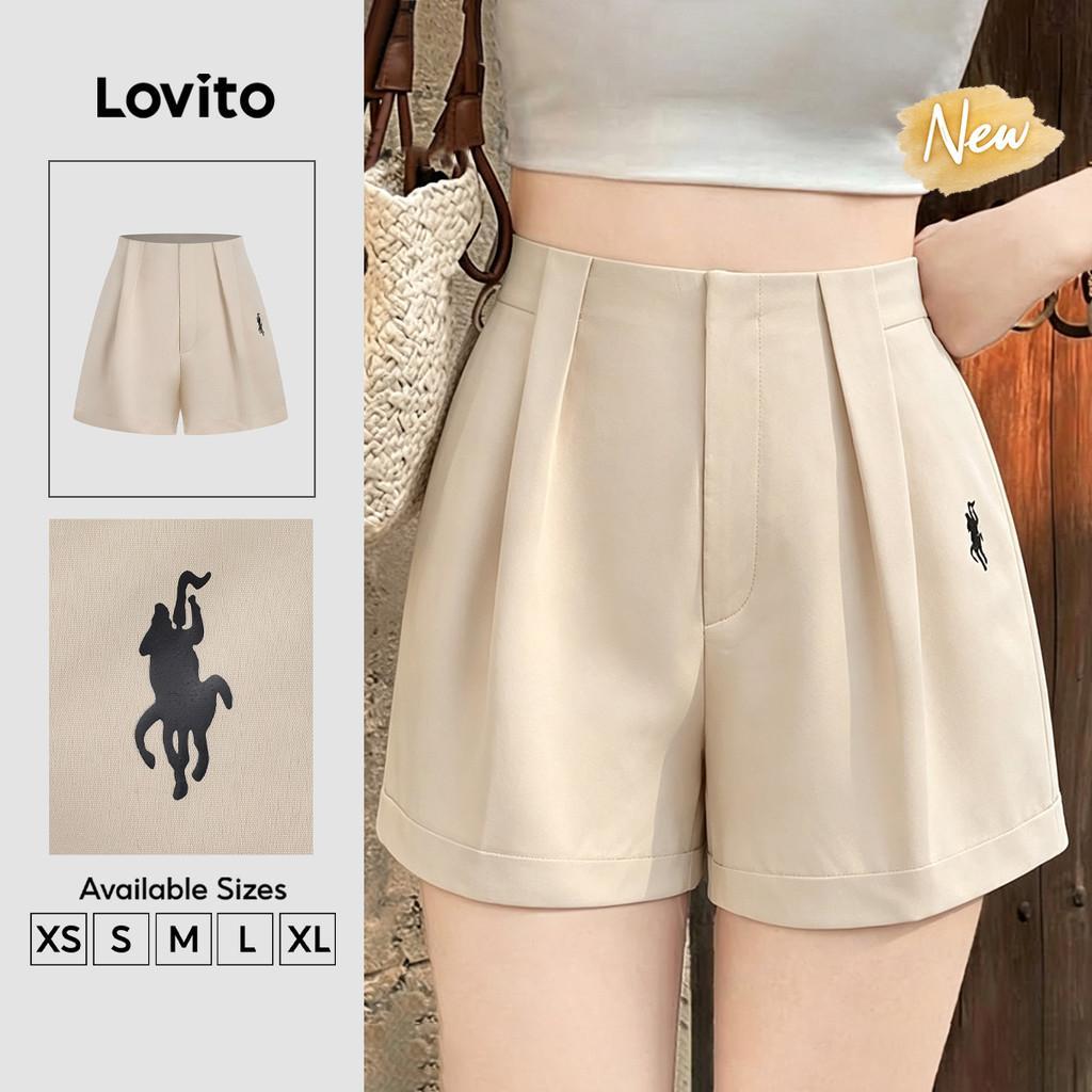 (New Arrival) Lovito Shorts Elegantes com Padrão Simples Clássicos e Versáteis Shorts Cáqui para Mulheres primavera/verão STB202P2D125