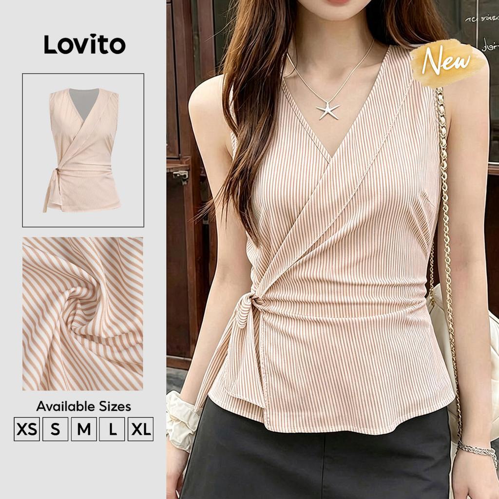 (New Arrival) Lovito Top Feminino Elegante com Faixa Lateral Na Cor Cáqui para primavera/verão TKB202P2D103