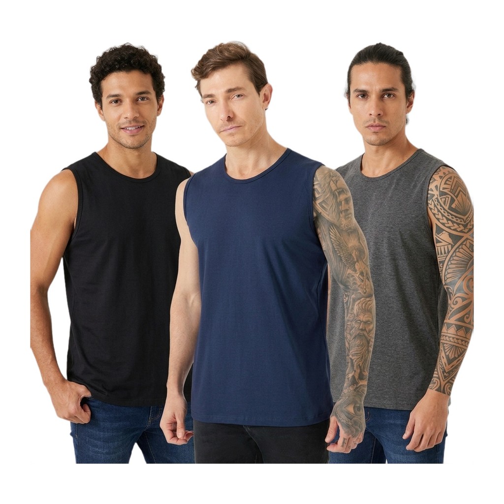 Kit 3 Regatas Machao Masculina Lisa Malha Algodao Sem Manga 100% Camiseta Regata Cavada Verao Praia Academia Fitness