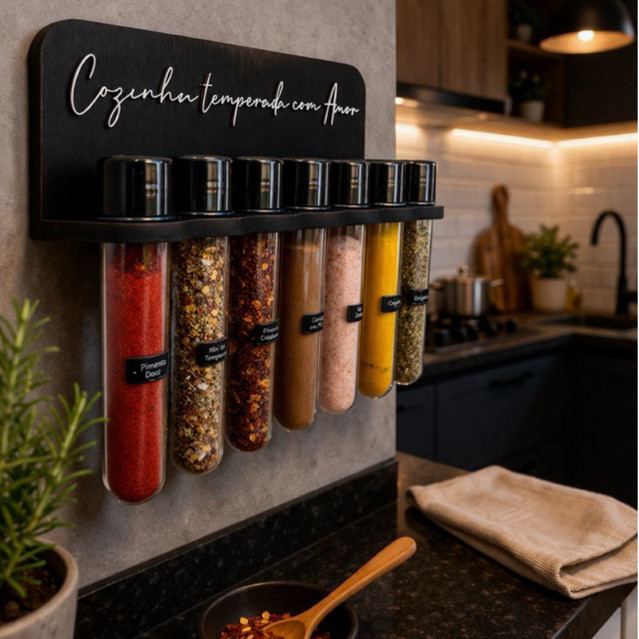 Porta Temperos Parede MDF Organizador Cozinha Com 7 Tubetes Fixação Sem Furo