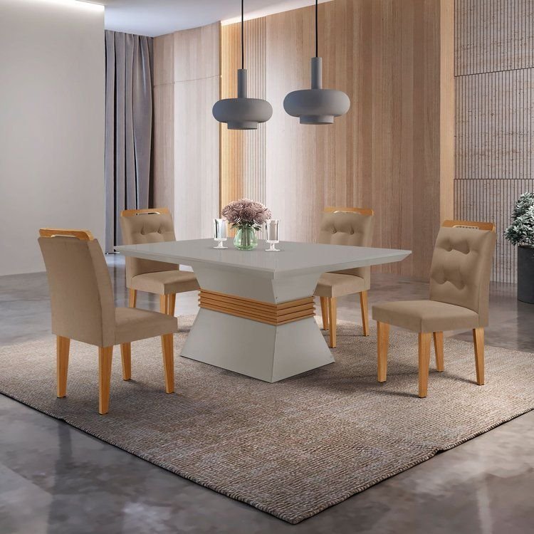 Mesa 120cm Clarice e 4 Cadeiras Valentina Bege/Linho Grafite/Off White/Imbuia Yescasa Linho Grafite/Off White/Imbuia