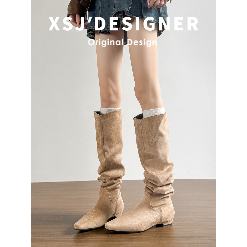 Botas femininas de couro genuíno, botas planas acima do joelho, botas de camurça plissadas, cano alto, bota fina