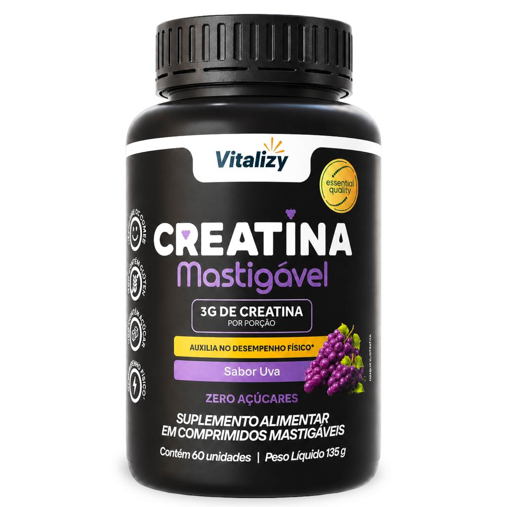 Creatina Pura Monoidratada Mastigável 60 Comprimidos 3g Por Dose Sabor Uva Zero Açúcar