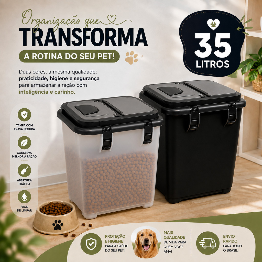 Contêiner Porta Ração 15KG 35 Litros Ração de Cachorro e Gato