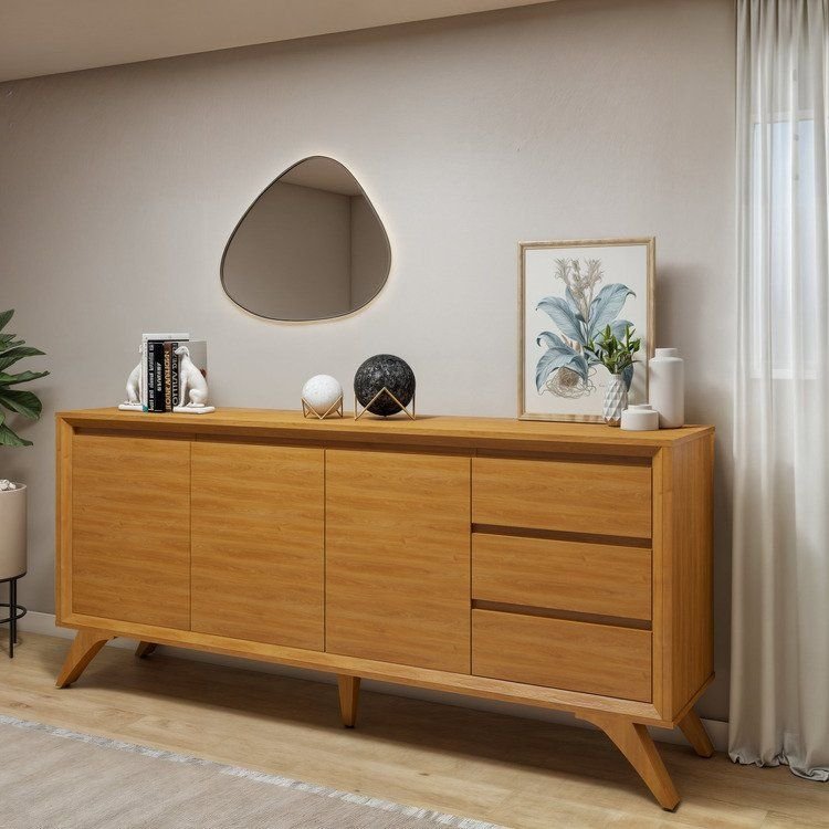 Buffet para Sala de Jantar Laqueado 100% MDF 3 Portas Pés em Madeira Maciça Piazza Naturalle