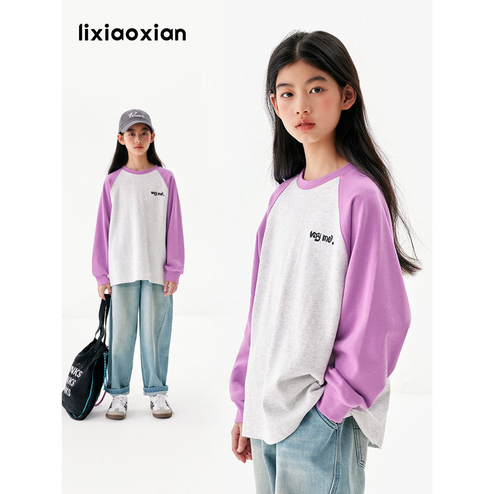 Li Xiaoxian Meninas Estilo Ocidental Manga Ombro Caído Camiseta de Algodão Médio Grande Crianças Primavera Outono Novo E