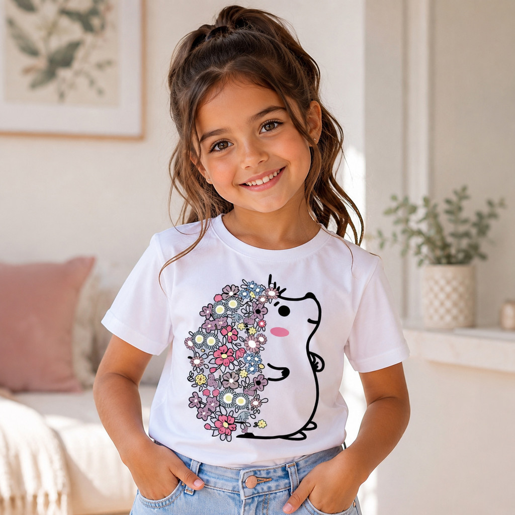 Camiseta Infantil Feminina Estampa Floral Fofa Manga Curta Algodão Confortável Menina