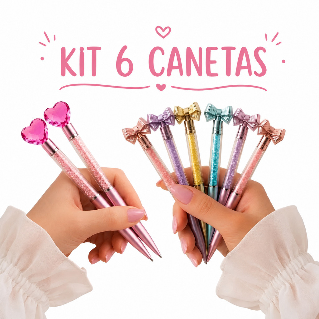 Kit 6 Canetas Decoradas Com Strass Brilhante Mix Coração e Laço Papelaria Escolar