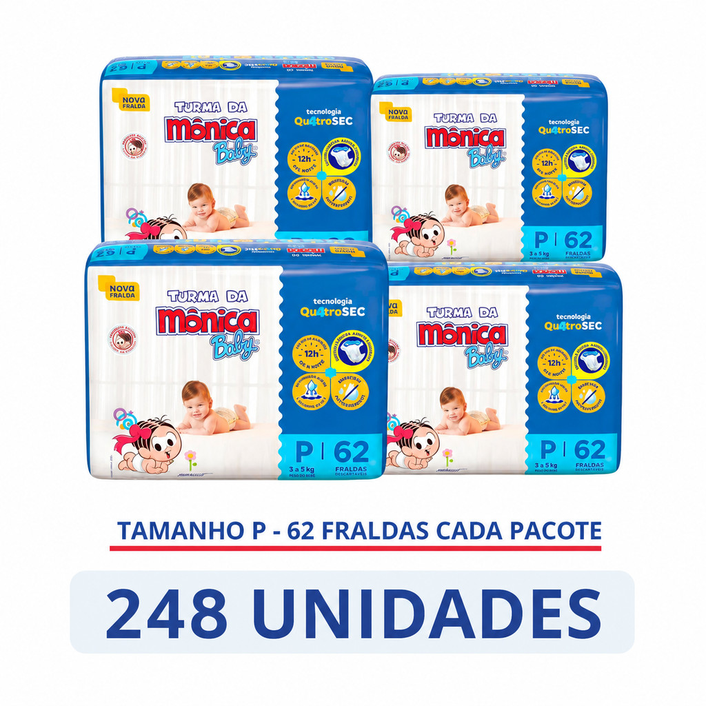 Fralda Descartável Turma da Mônica Tamanho  4 Pacotes - Total 200 Tiras