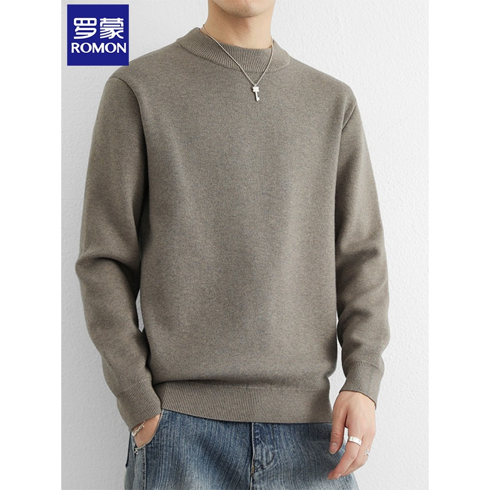 Lomon Suéter masculino de lã com gola redonda, forro de lã de inverno engrossado, gola meia alta, malha de fundo