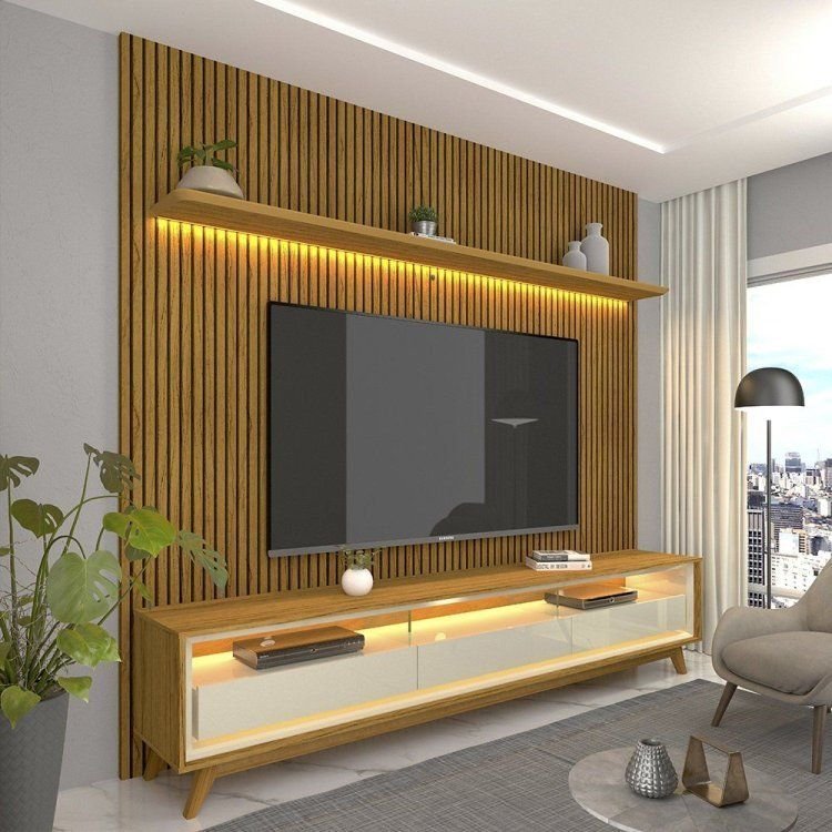 Rack com Painel Ripado para TV até 90 Polegadas LED 100% MDF Pés em Madeira Maciça Yescasa Naturale/Off White