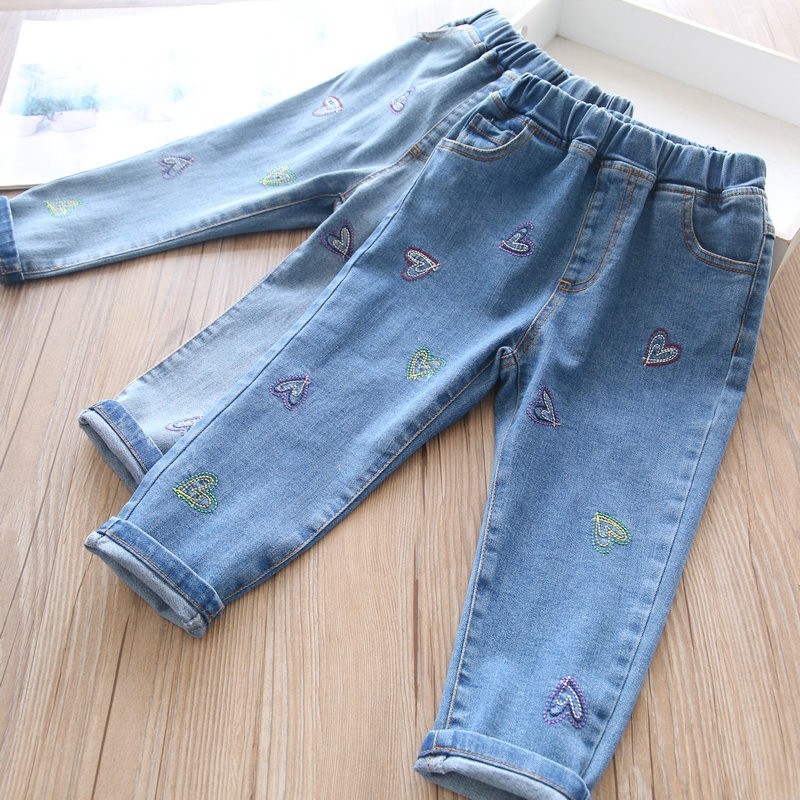 Meninas amor bordado jeans primavera novo estilo comércio exterior crianças bebê estiramento jeans fino-ajuste exterior 