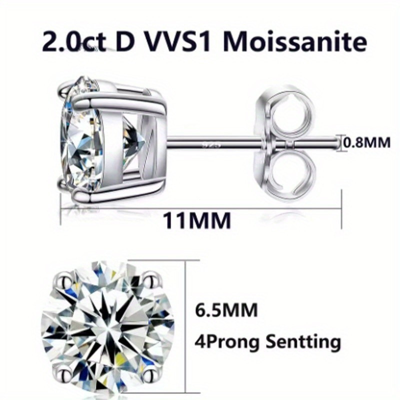 Brincos de moissanite de 2 quilates, prata esterlina 925, formato redondo, cor VVS1 D, joia de presente requintada, adeq