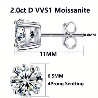 Brincos de moissanite de 2 quilates, prata esterlina 925, formato redondo, cor VVS1 D, joia de presente requintada, adeq
