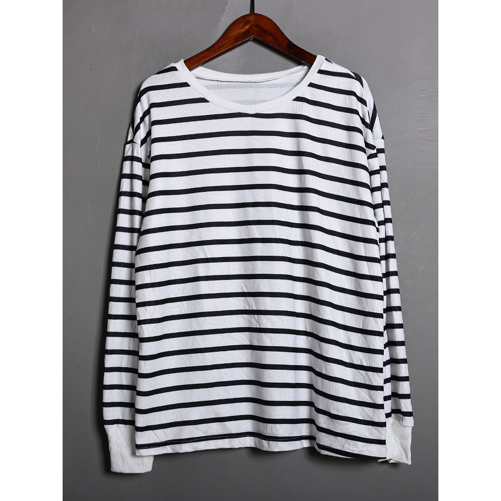 Estilo preguiçoso listrado em torno do pescoço de manga comprida camiseta primavera outono japonês Casual solto diário s