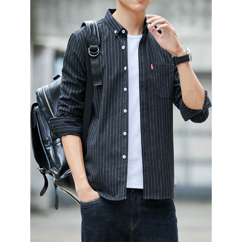 Camisa masculina de manga comprida adolescente listrado escovado nova camisa primavera outono Casual estudante fino ajus