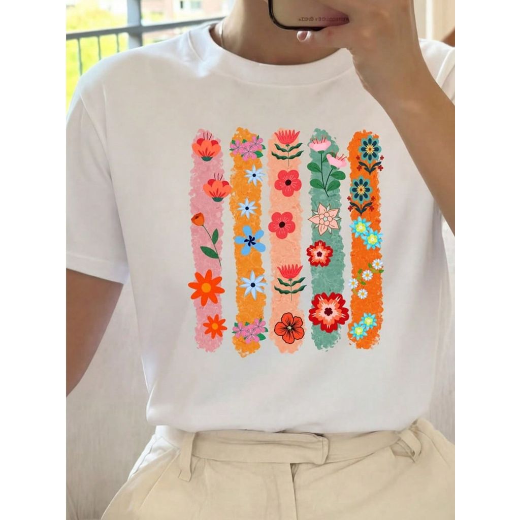 Camiseta Feminina Estilosa Moderna Casual 100% Algodão Tecido Confortável Estampa Streetwear caminhos de flores