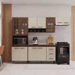 Armário de Cozinha Modulada Compacta Fidelitá Lisboa 4 Peças 260cm 11 Portas 3 Gavetas Com Tampo Noce/Off-White