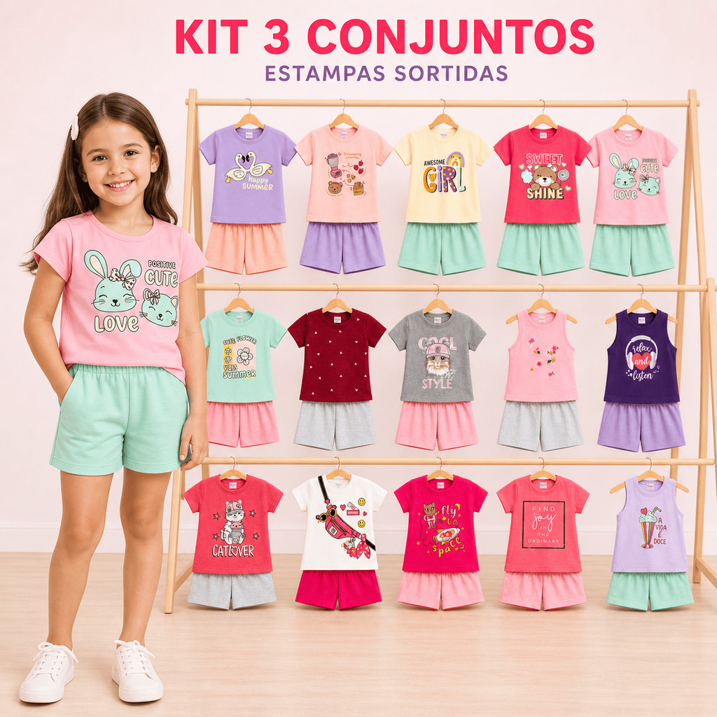 Kit 3 Conjuntos Infantil Menina Verão Blusa Algodão Short Moletinho Tamanho 1 a 14 Estampas Sortidas Confortável Lavável
