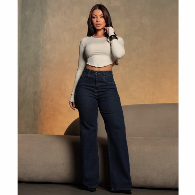 Calça Wide Leg Jeans Feminina Com Lycra Cintura Alta Modeladora - Tendência Blogueira Verão